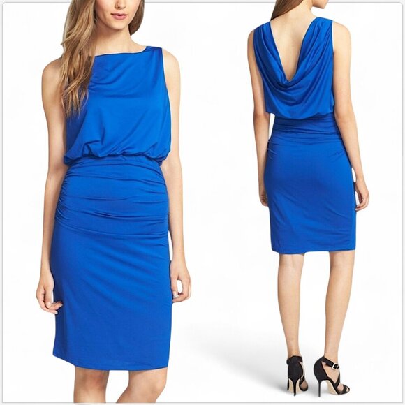 Felicity & Coco Cobalt Blue Draped Back Blouson Ruched Jersey Dress Bodycon S - Picture 1 of 7